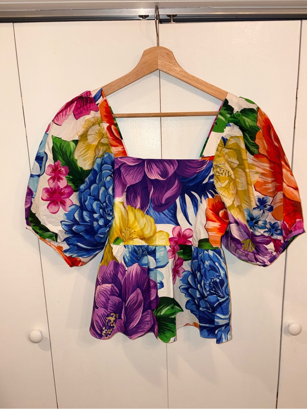 FARM RIO Chita Floral Peplum Top Puff Sleeve Size XS